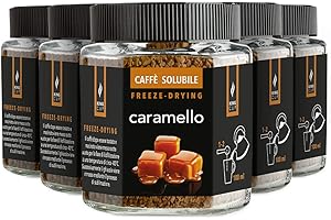 King Cup - 6 Vasetti da 50gr l'uno di Caffè Solubile con Caramello, Caffè Aromatizzato al Caramello Istantaneo con Extra Solubilità, Ideale per Colazioni, Brunch, Iced Coffee, Senza Glutine, Vegano