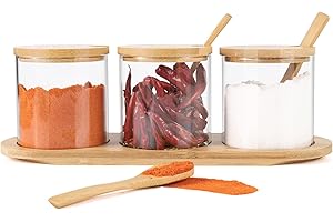 Czemo Botes Especias Cristal 3x300ML Tarros Especias Cristal Frascos Especiarias Tarros de Vidrio salero pimentero azucarero con tapa de bambú cuchara paletas Frascos de Vidrio