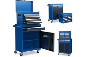 GOPLUS Servante d’Atelier avec Coffre Amovible, 28 x 59 x 102CM, Caisse à Outils Roulant avec 5 Tiroir Verrouillable & Armoire à Étagère Réglable, Poignée Latérale, pour Garage, Atelier(Bleu+Noir)