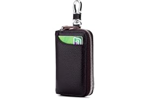 Aileder Genuine Leather Car Keychain Key Holder Case Bag Wallet Cover with Zipper Credit Card Holder (Dark Brown)