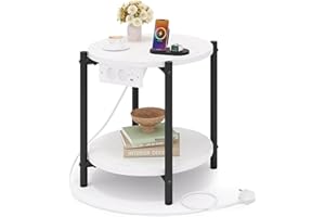 ‎IRONCK IRONCK Beistelltisch rund, Couchtisch mit Steckdose, Kleiner Tisch Holz, Wohnzimmertisch 2 Ablagen,Sofatisch,USB & Type-C-Anschluss, Metallrahmen, Nachttisch für Schlafzimmer (Weiß, 1 Stück)