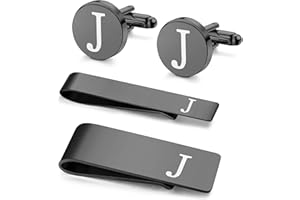 Morfetto 4 PIEZAS de Acero Inoxidable Grabado Inicial Gemelos y Barra de Corbata Juego de Clips para Dinero Clip de Corbata Letra del Alfabeto A-Z con Caja de Regalo para, Hombre Novio Boda Negocios