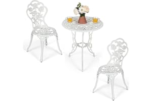 RELAX4LIFE 3PCS Patio Bistro Set, Cast Aluminum Antique Outdoor Dining Table Chairs with Umbrella Hole, Rose Design Garden Furniture Set for Patio Poolside Balcony