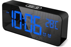 HOMVILLA Réveil Numérique avec Grand Affichage de la Température LED, Alarme de Miroir Portable avec Double Alarme Roupillon Temps Gradateur de Luminosité Réglable sur 4 Niveaux 10 Musique