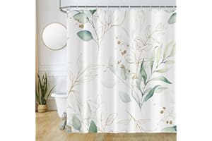 Uiiooazy Cortina de Ducha de Hoja Eucalipto, Cortinas de Ducha Verde Oro Abstracto Planta Cortinas de Baño Antimoho Impermeable Lavable Tejido de Poliéster Cortina Ducha con 12 Ganchos 180x200cm