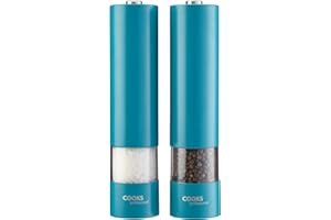 Cooks Professional Electric Salt and Pepper Mill Set | Battery Operated Automatic Grinders with Adjustable Course & Fine Grinding & One Touch Operation | Condiment Seasoning Grinder | Teal