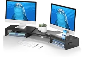 BONTEC Supporto per Doppio Monitor e Smartphone, Riser Regolabile con Lunghezza e Angolo di Rotazione in Legno, Organizer da Tavolo fino a 20kg, Nero