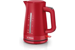 Bosch Bollitore Elettrico TWK3M124, Capacità 1.7 L, Spegnimento Automatico, Riscaldamento Rapido, Filtro Anticalcare Removibile, Indicatore Livello dell'Acqua Esterno, Facile da Pulire, Rosso