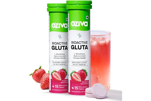 OZiva Bioactive Glutathione Tablets for Radiant Skin - 30 Effervescent Tablets (Pack of 2) L-Glutathione, Lycopene, Vitamin C for Skin Glow & Anti-Pigmentation Strawberry Swirl.