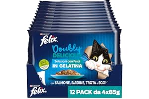 FELIX Le Ghiottonerie - Cibo Umido Gatto Adulto, Bocconcini in Gelatina con Salmone e Sardine, Trota e Sgombro. 48 Buste da 85 g
