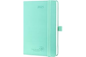 POPRUN Agenda Settimanale Piccola 2025 16,5 x 9 cm, Copertina Rigida in Pelle Vegana, Planner 2025 A6 con Tasca Portacarte Pieghevole, Carta Spessa da 80 GSM, Verde