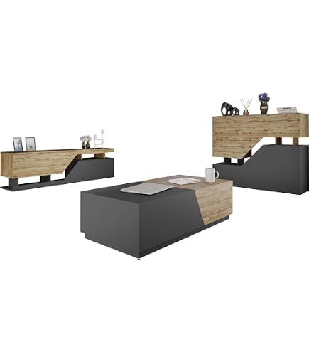 Ensemble Salon Skraut Wind - Buffet + Meuble TV + Table Basse - Blanc/Puccini - Montage Facile