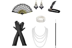 Lot med 7 Gatsby 1920-tals damkostymdetaljer - pannband, halsband, armband, handskar, örhängen, fällbara spetsfläktar
