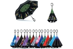 Jooayou Double Layer Inverted Umbrella, C Shape Handle Reverse Folding Umbrella, Anti-UV Windproof Travel Umbrella with Carrying Bag