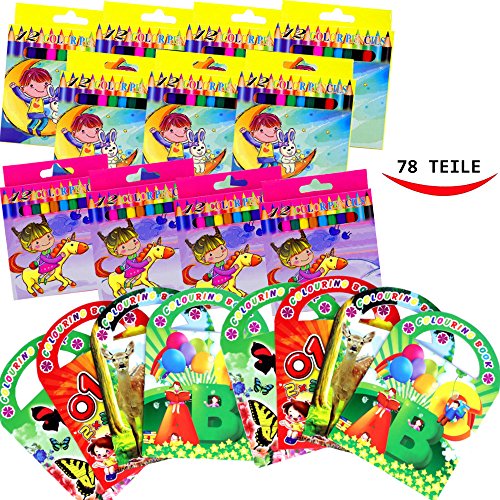 German Trendseller® – Kinder Mal – SET – 78 Teilig ┃ ★★★ 6 Malbücher & 72 Buntstift ★★★ ┃ Mitgebsel ┃ Kindergeburtstag ┃ Malen ┃ Für 6 Kinder - 6