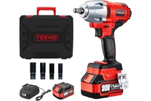 TEENO Clé à Chocs Sans Fil Brushless 1/2" 600Nm 20 V avec 4000mAh Batterie,Boulonneuse a Choc avec 4 Douilles à Chocs(17/19/21/22mm),Pour l'Automobile et l'Usage Domestique (one battery)