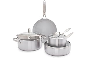 GreenPan Venice Pro Tri-Ply Stainless Steel Healthy Ceramic Non-Stick 7 Piece Cookware Pots and Pans Set, PFAS Free, Multi Clad, Induction, Oven Safe, Silver