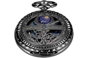 Tiong No Battery Black Style Mechanical Pocket Watch, Vintage Mechanical Pocket Watches Roman Numerals with Case and Chain for Men