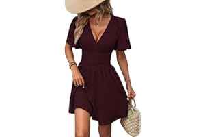 LIAMERHE Damen Elegant Kleid Langarm/Kurze Ärmel V-Ausschnitt Casual Kleider A-Linie Blumenmuster Minikleid Freizeitkleider Sommer Herbst Winter Laternenärmeln Kleid