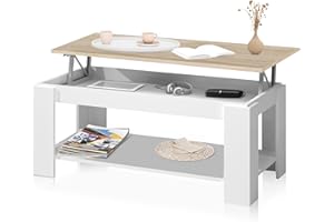 duehome | Mesa de Centro Elevable, Mesa Auxiliar, Modelo LYA, Acabado en Color Blanco Artik y Roble Canadian, Medidas: 102 cm (Largo) x 50 cm (Ancho) x 43-54 cm (Alto)