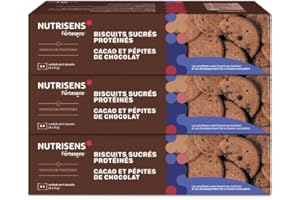 Biscuits Protéinés Nutrisens Cacao & Pépites de Chocolat - Collation Gourmande - Soutient la Masse Musculaire – Vitamines & Minéraux – 3 Étuis (4 Sachets) - 125 g (Sportif, personnes actives, séniors)