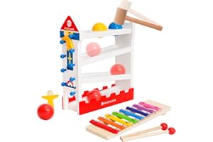 Ark miido Hämmerndes Holzspielzeug für Babys, 3-in-1-Montessori-Holzspielzeug mit Xylophon-Schiebespielzeug Frühes Entwicklungsspielzeug für Kleinkinder 2 3 4 5 6 Jungen Mädchen