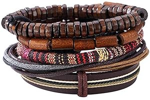 Hilai Unisex Mixed Bracelets Adjustable Handmade Multi Strand Braided Cowhide Bracelets Woven Leather Wristbands Wooden Beads Bracelet Wrist(1set of 5 pcs)