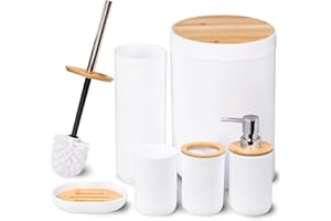 MissFox 6-teiliges Badezimmer Set, Seifenspender Zubehör Set aus Bambus, Badezimmer Accessoires Set mit Lotionspender, Mülleimer, Seifenschale, Toilettenbürste, Zahnbürstenhalter und Zahnputzbecher