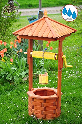 Schöne klassische Brunnen in vielen Farben, Holz-Gartenbrunnen ca. 100-110 cm, einstöckig KLASSIK EXP100-ge-OS MIT Rolle & Eimer , GELB voll funktionstüchtig,schöne Details, Metallkette Deko-Brunnen Outdoor, Brunnen mit Eimer und Rolle o. SOLAR o. Außenbeleuchtung / Solarbeleuchtung / LED Licht 1 m groß orange-gelb hellbraun lasiert lackiert, Brunnenrolle - Leisten gelber Korpus unten, für Innen- und Außenbereich, wunderschöne Gartenzierde