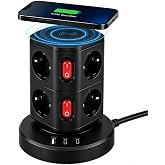 3680W Akım Korumalı Kule Priz, 8 Topraklamalı AC Priz, 1 USB-A + 2 Type-C, 10W Qi Kablosuz Şarj, 16A 230V, Bağımsız A&ccedil;/Kapat 