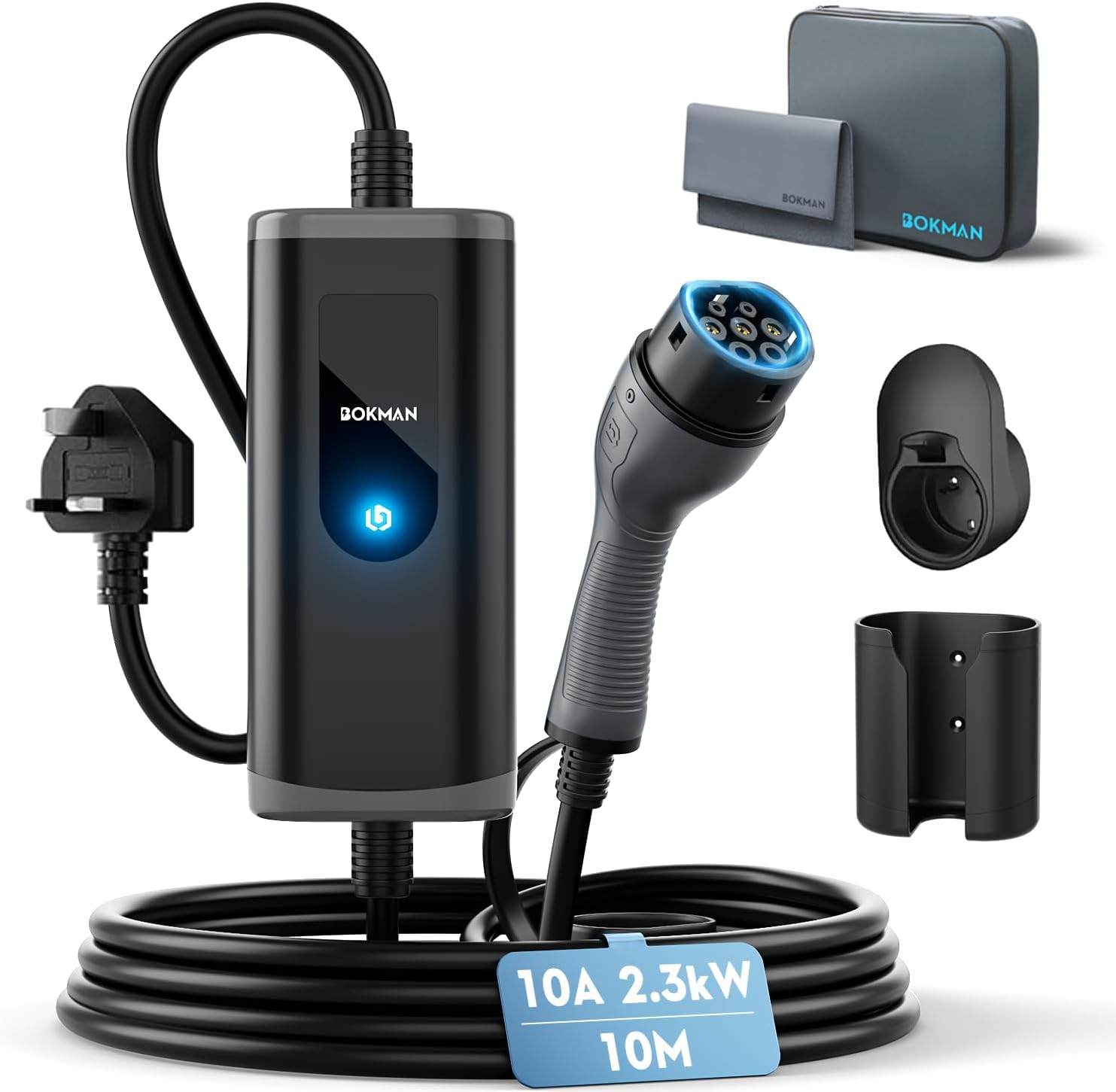 bokman EV Charger Type 2 to 3 Pin Plug, 10M | 2.3kW | 10A | IP65 Waterproof, Electric Car Charger Type 2 Charging Cable 3 Pin with LED Indicators & Carry Bag & Microfiber Towel