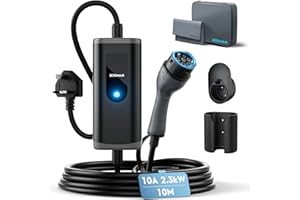 bokman EV Charger Type 2 to 3 Pin Plug, 10M | 2.3kW | 10A | IP65 Waterproof, Electric Car Charger Type 2 Charging Cable 3 Pin with LED Indicators & Carry Bag & Microfiber Towel