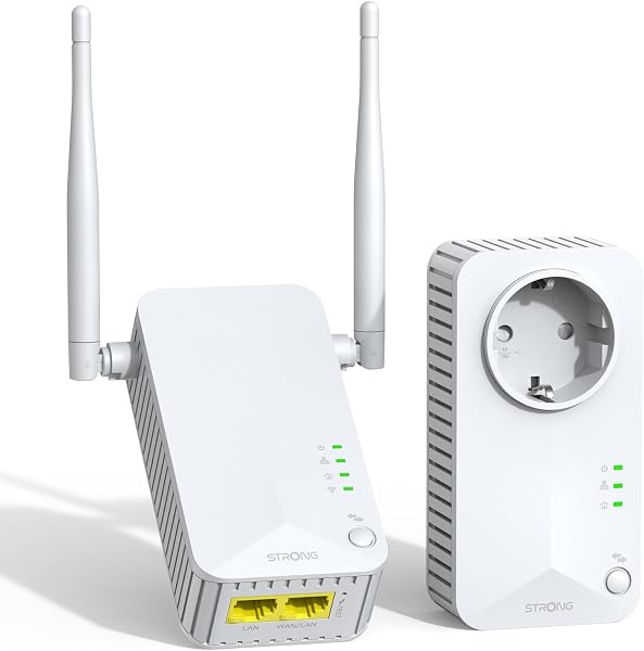 STRONG AV600 Adaptador Powerline WiFi con Enchufe, PLC HomePlug AV2, WiFi 300 Mbit/s, Plug & Play, Modo de Ahorro de Energía, Puertos LAN 100 Mbit/s, Ideal para TV (POWERLWF600DUOEUV2) - 1