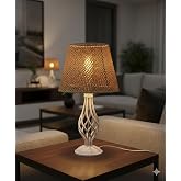 Decodelight Beyaz Rustik Burgulu Taşlı Metal Ayaklı 25'lik Hazeran ve Hasır Kumaş Şapkalı Abajur Masa Lambası (Kahverengi Rat