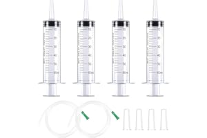 TOPCZY 4Stks Spritze Ohne Nadel, 60ml Große Kolostrum Spritze, Sterile Flüssigkeitsabgabe Spritze, Graduierter Plastikspritze, Industrielle Nachfüllspritze mit 1m Schlauch Kappen für Flüssigkeits-Öl-Saug