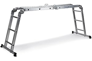 hjh OFFICE 801202 Scala multiuso 12 gradini con 2 piastre da ponteggio SOLID W3 Scala articolata in alluminio da 345 cm, portata fino a 150 kg, argento