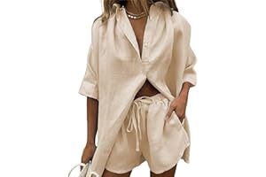 Siyova Completo da Donna in Cotone e lino Tinta Unita Camicia con Bottoni a Mezza Manica + Pantaloncini con Coulisse Completi Estivi Casual 2 Pezzi