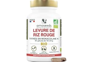 AMOSEEDS Levure de Riz Rouge BIO | 2,9mg de Monacoline K par gélule | 181,50mg | 90 gélules Vegan | Fabriquée en France | Qualité Supérieure