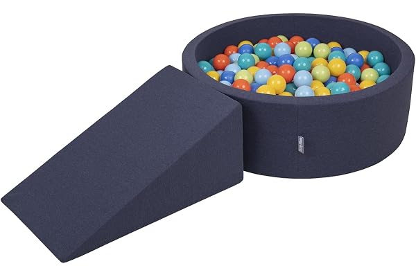 KiddyMoon Aire De Jeux en Mousse avec Rond Piscine À Balles (100 Balles) pour Enfants, Bleu Foncé:Vertclr/Orange/Turq/Bleu/Babybl/Jaune