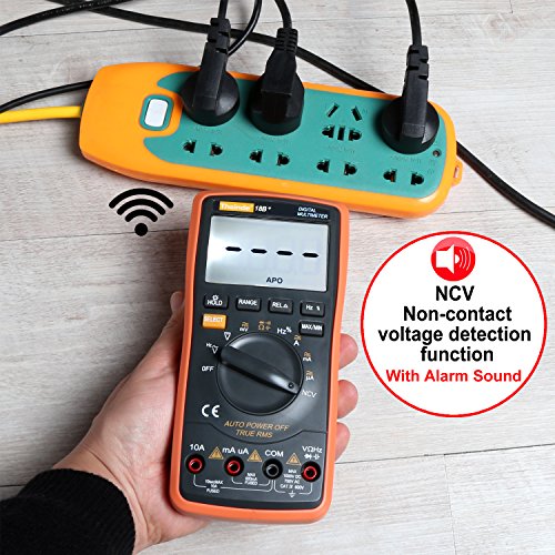 Thsinde Digital Multimeter mit Automatischer Bereichswahl (Auto-Ranging), hintergrundbeleuchtetem LC-Display (6000 Counts), mit Messleitungen und Krokoklemmen. Zur Gleich- und Wechselspannungsmessung mit Spannungswarnung, Strom-, Widerstands- und Diodenmessung, Durchgangsprüfung und Frequenzmessung. Äußerst praktisch für alles rund um’s Haus, für Elektronik- und Heimwerkeranwendungen. - 6