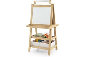 Maxmass 3 in 1 Kids Art Easel, Double-Sided Whiteboard & Chalkboard with Paper Roll, Art Drawing Board Stand for Nursery and Baby Toddler Junior Bedrooms (Natural)