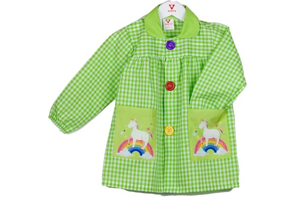 KLOTTZ Tablier Blouse Licorne Arc en Ciel pour Enfants à Carreaux. Puor l'école e travaux manuels.