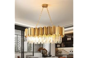 AOOCHOK Modern Kristall Pendelleuchte Gold Kronleuchter, Oval Kristall Hängeleuchte, Häengelampe für Wohnzimmer, Esszimmer, Schlafzimmer, Restaurant, E14 x 8, 80 x 35 cm
