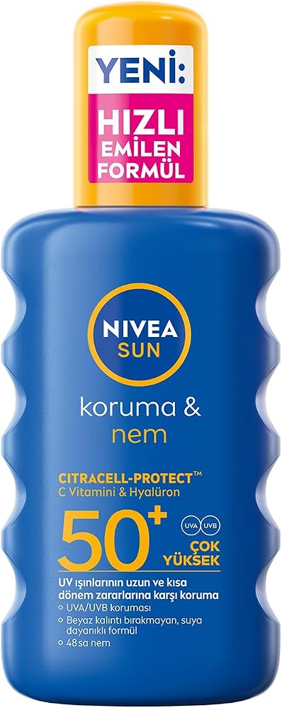 NIVEA SUN SPF50+Yüksek Güneş Koruyucu 200 ml,Suya Dayanıklı,Nemlendirici,C Vitamini,Hyalüron