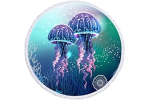 Queenshin Grande Serviette de Plage Ronde en Microfibre Anti Sable, Tapis Plage Super Légère et Séchage Yoga Mat Tapis de Pique-Nique 150 cm, Méduse