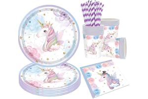 CAPANEUS 68 Stück Einhorn Partygeschirr Set,Einhorn Teller und Becher Set,Servietten Einhorn,Kinder Teller Set,Einhorn Party Deko,Einhorn Deko Kindergeburtstag