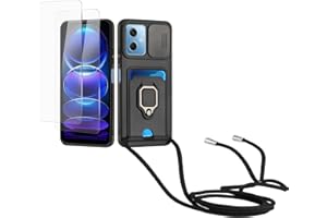 Kaslly Funda con Cuerda para Redmi Note 12 5G/Xiaomi Poco X5+[2 Pack Protector Pantalla],Case con Ranura para Tarjetas,Cubierta de Cámara Deslizante Proteger,Doble Cara Protección-Negro