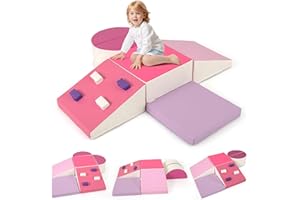 COSTWAY Toddler Climb and Crawl Foam Play Set, 6 Piece Educational Soft Climbing Blocks, Baby Soft Play Equipment for Climbing, Sliding, Crawling (Pink)