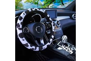 CYSOCOOL 3Pcs Neoprene Cow Print Steering Wheel Cover Non Slip Breathable Cool Vehicle Car Steering Wheel Protector with Handbrake Gear Shift Cover Universal Automotive Steering Wheel Cover Fit 37-39cm