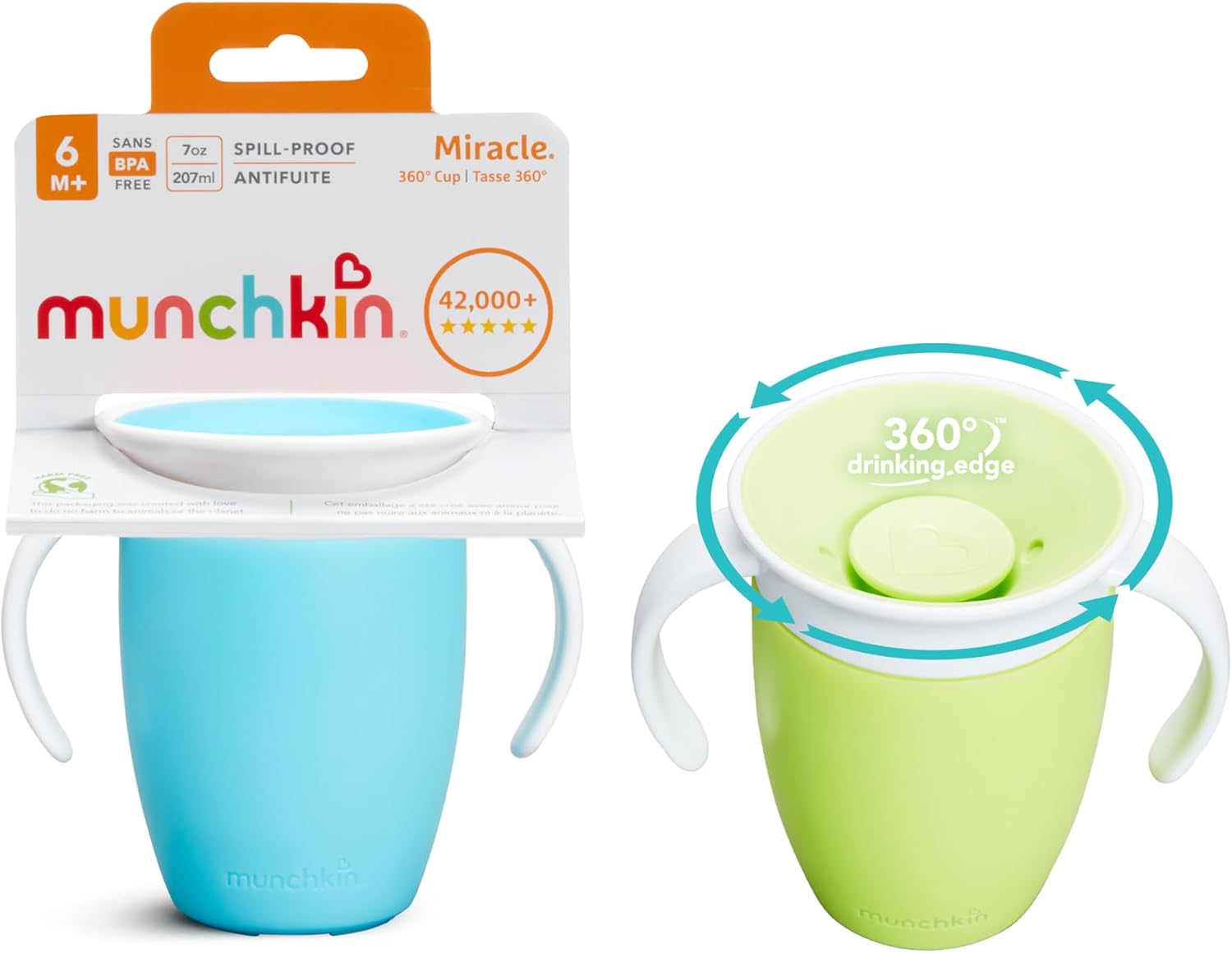 Munchkin Miracle 360 Sippy Cup | Trainer Toddler BPA Free Baby & Toddler Cups w.Handles | Non Spill | Dishwasher Safe Baby | Leakproof | 6+ Months| 7oz/207ml | 2 Pack | Blue/Green